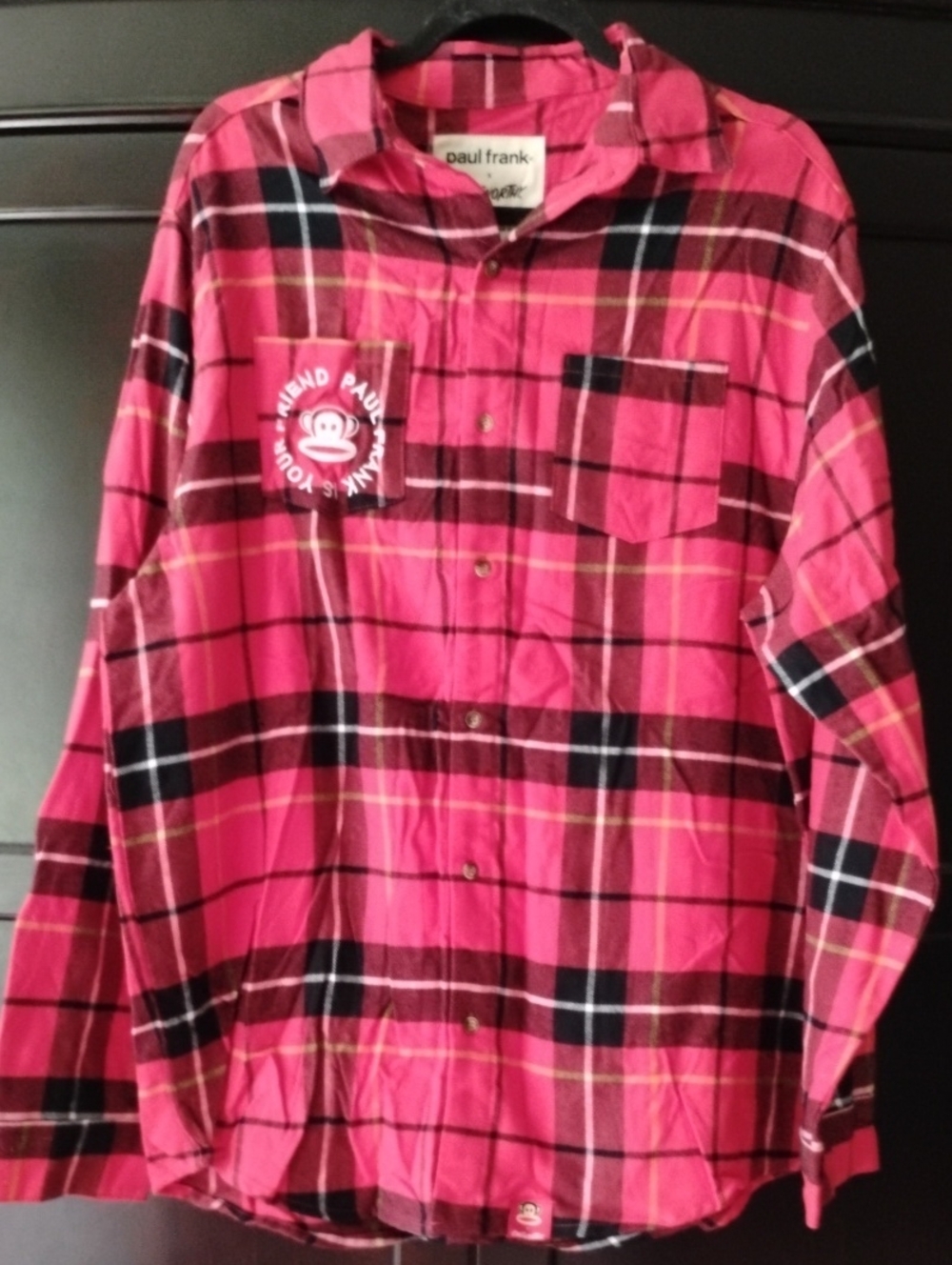 Paul Frank Hot Red Unisex Plaid Button-Down Shirt with Pocket Logo
